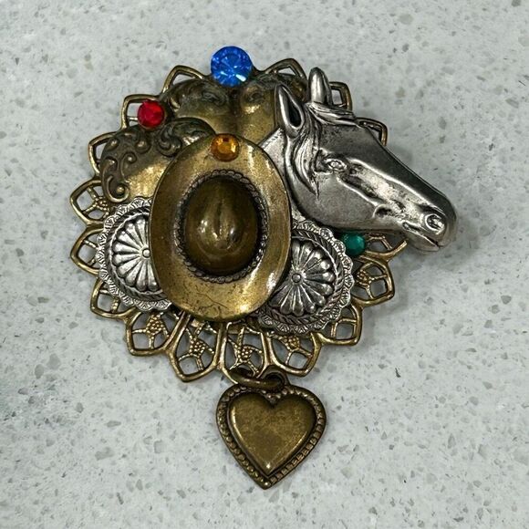 Vintage Horse Rodeo Theme Brooch Pin Silver & Gold-tone 3D Heart Charm - Picture 3 of 9